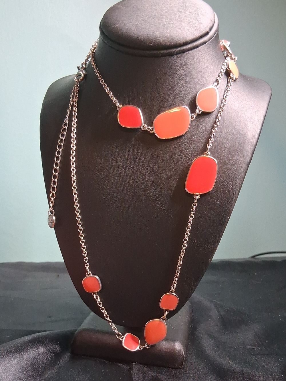 224. Grace Adele Silvertone Necklace W Coral Peach Accents, Contemporary 34"-40"